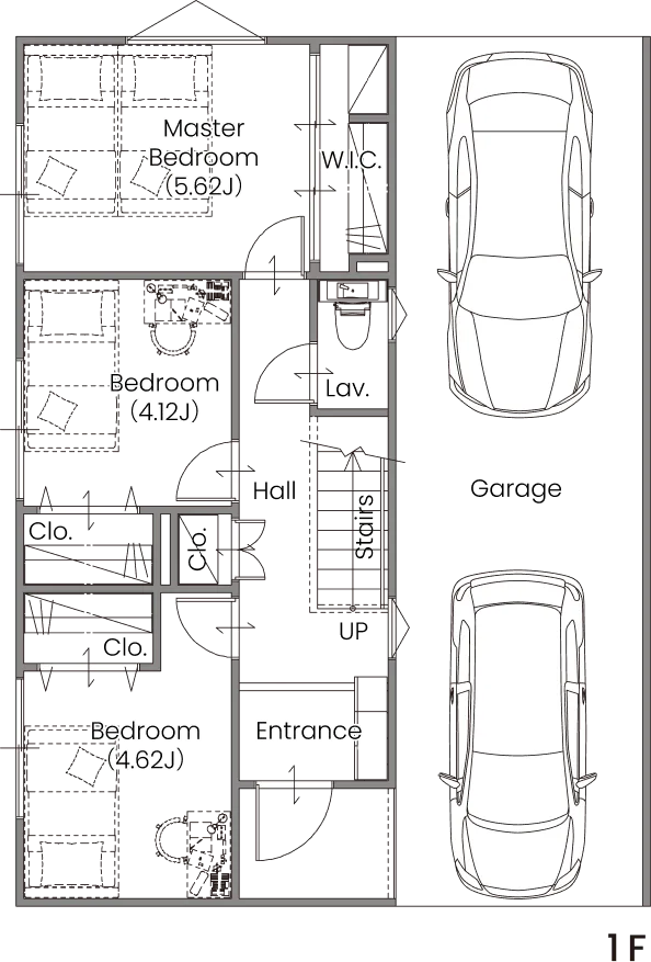 G-TERRACE 1F間取り図（ガレージ・主寝室・寝室2室）