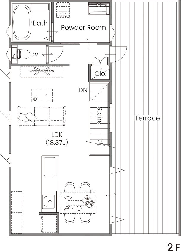G-TERRACE 2F間取り図（LDK・浴室・テラス）