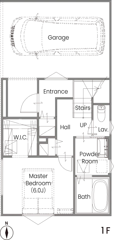CABIN-GARAGE 東・西入り 1F間取り図（ガレージ・主寝室・浴室）