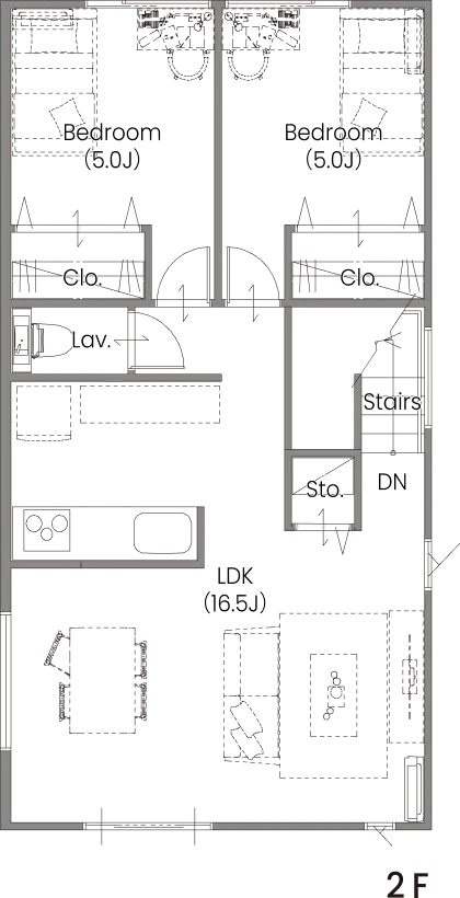 CABIN-GARAGE 東・西入り 2F間取り図（LDK・寝室2室）