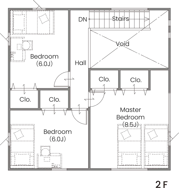 TYPE 8x8 2F間取り図(主寝室・寝室・吹き抜け)